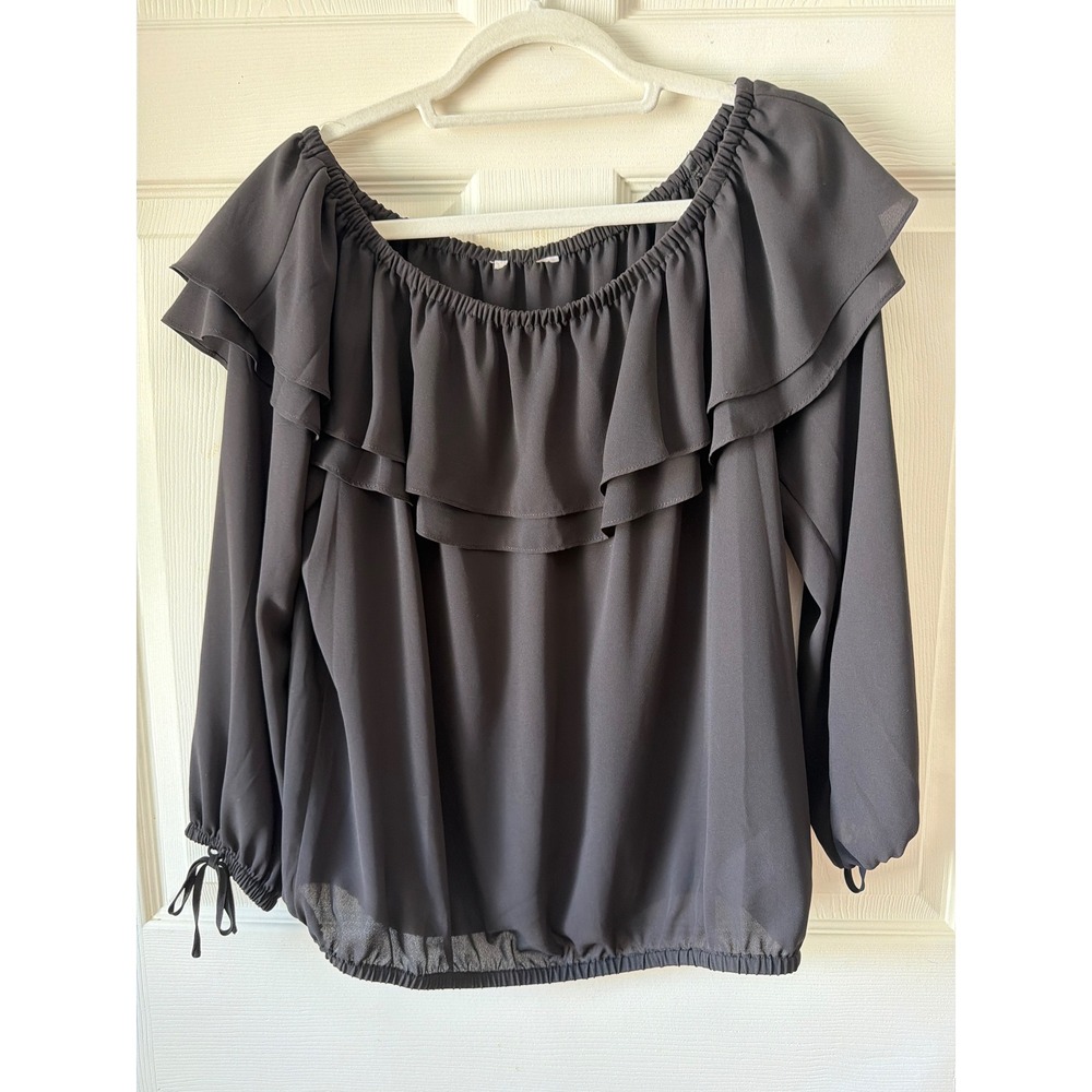 Michael Kors Blouse Women XL Black Ruffle Off Shoulder Tie Sleeve Coquette